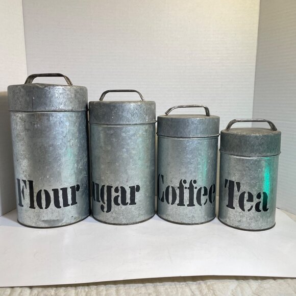 Vintage Vandor Imports Galvanized Metal Canister Set For Coffee Tea Sugar & Flou - Picture 8 of 15